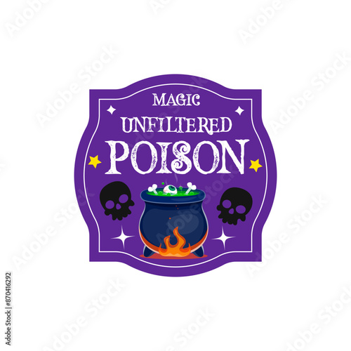 Halloween potion label with witch cauldron, bones and skulls, vector tag for trick or treat party. Witch potion or magic elixir bottle label with cartoon scary poison pot with eyes and skeleton bones