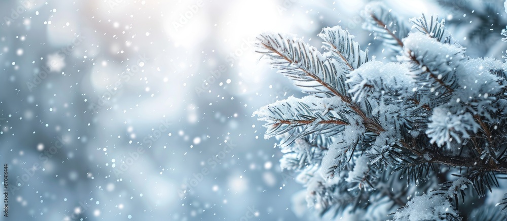 Snow-covered branch creating a festive holiday background in winter with ample copy space image. Snow-covered branch creating a festive holiday background in winter with ample copy space image.