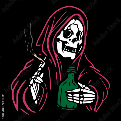 vector illustration tracing artwork of grim reaper skull smoke weed and drink a bottle alcohol. Can be used as Logo, Brands, Mascots, tshirt, sticker,patch and Tattoo design.