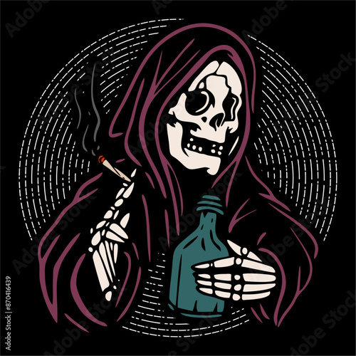 vector illustration tracing artwork of grim reaper skull smoke weed and drink a bottle alcohol. Can be used as Logo, Brands, Mascots, tshirt, sticker,patch and Tattoo design.