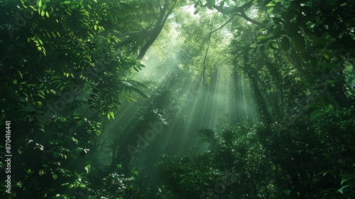 Beams of sunlight pierce the canopy, illuminating patches of emerald green in the dim forest depths. © peerawat
