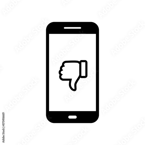 Hand thumb down icon on phone screen. Dislike finger on cellphone display