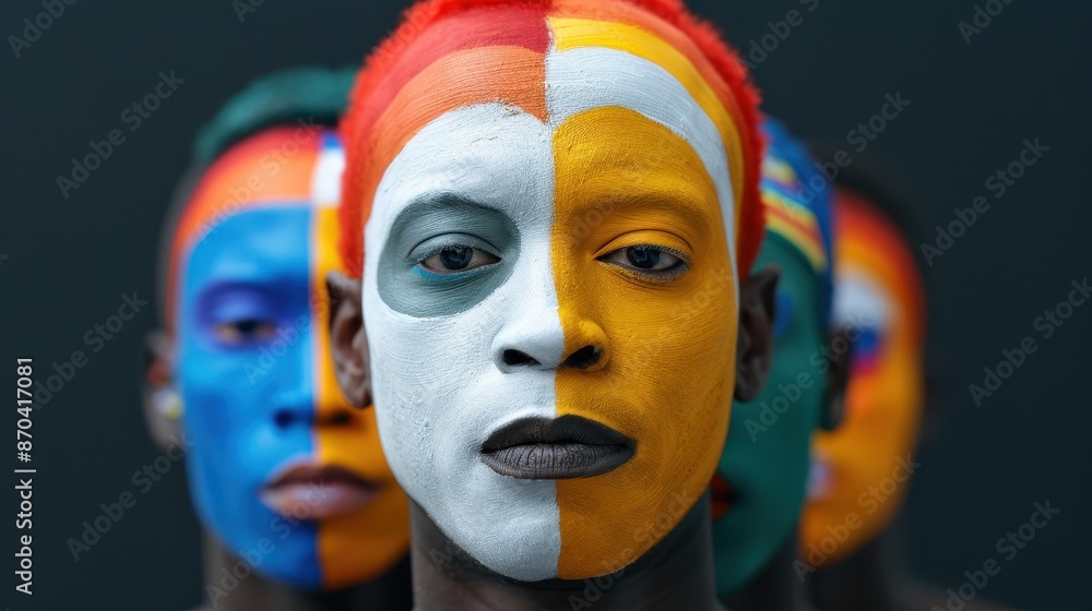 Bold face painting in vibrant colors on diverse individuals, creating a striking and artistic visual impact against a dark background. Bold face painting in vibrant colors on diverse individuals, creating a striking and artistic visual impact against a dark background.