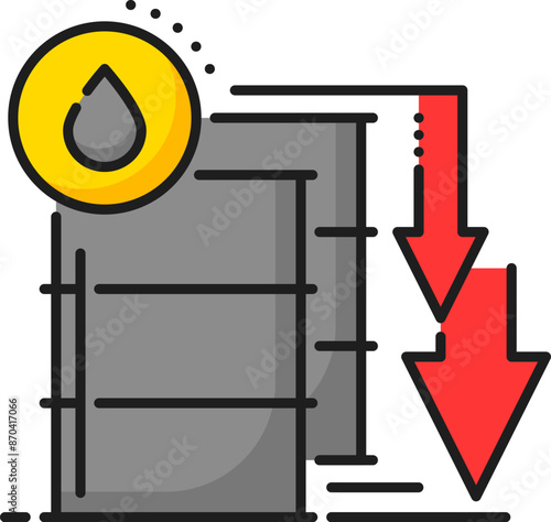 Oil price decrease graph color line icon with down arrows, barrels and drop of crude oil. Economic and energy industry crisis vector outline symbol, economy downturn, finance and business recession