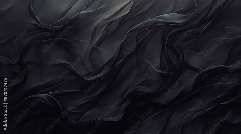 Fototapeta premium Abstract black background with waves of fabric in the style of dark art, volumetric lighting, flowing lines, dark and mysterious, digital art, high resolution, dark fantasy, detailed texture, shadows,