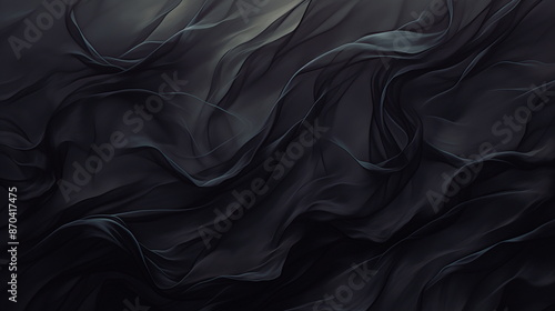 Abstract black background with waves of fabric in the style of dark art, volumetric lighting, flowing lines, dark and mysterious, digital art, high resolution, dark fantasy, detailed texture, shadows,