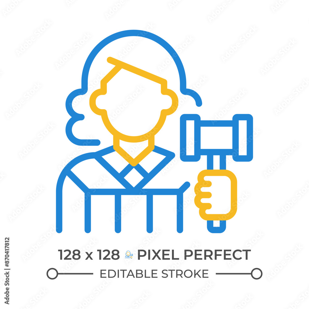 Judge two color line icon. Case deciding in law court. Legislative system presentant. Judgement process bicolor outline symbol. Duotone linear pictogram. Isolated illustration. Editable stroke Judge two color line icon. Case deciding in law court. Legislative system presentant. Judgement process bicolor outline symbol. Duotone linear pictogram. Isolated illustration. Editable stroke