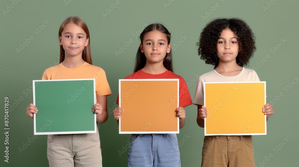 Three children holding blank colorful signs, standing in a row against a green background, diversity and unity concept. Three children holding blank colorful signs, standing in a row against a green background, diversity and unity concept.