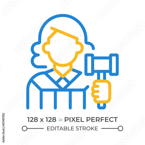 Judge two color line icon. Case deciding in law court. Legislative system presentant. Judgement process bicolor outline symbol. Duotone linear pictogram. Isolated illustration. Editable stroke
