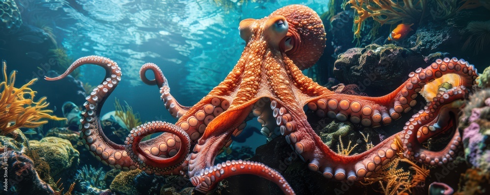Fototapeta premium A large octopus is swimming in a colorful coral reef. The octopus is surrounded by a variety of sea creatures.