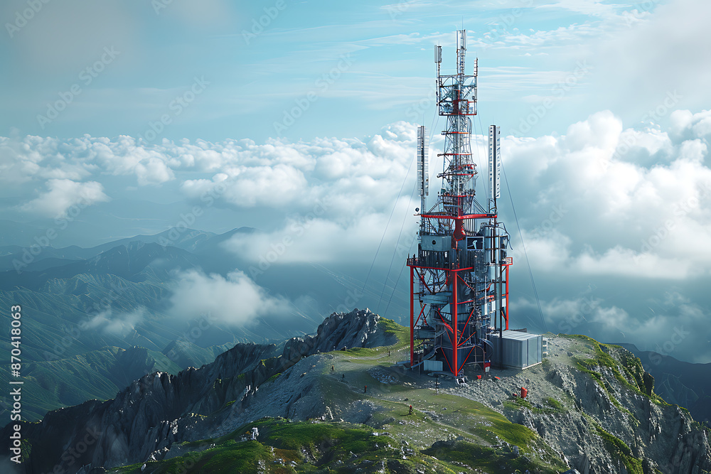 Obraz premium 3d base station receiver. telecommunication tower 6g. polygonal design global connection information transmitter. Mobile radio antenna cellular ,sound wave 