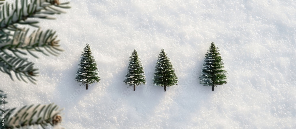 Obraz premium Top-down view of three Christmas trees sketched in the snow on a white surface, in natural daylight with a side angle, creating a winter holiday theme with a copy space image.