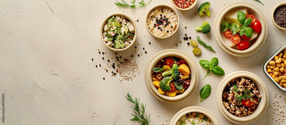 Beige background with eco-friendly food containers in a flat lay setup for a banner design with ample copy space image. Beige background with eco-friendly food containers in a flat lay setup for a banner design with ample copy space image.