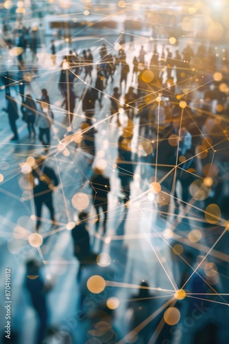 A blurry image of a crowd of people with a lot of lines connecting them. The image has a busy and chaotic feel to it, with the people appearing to be moving in different directions