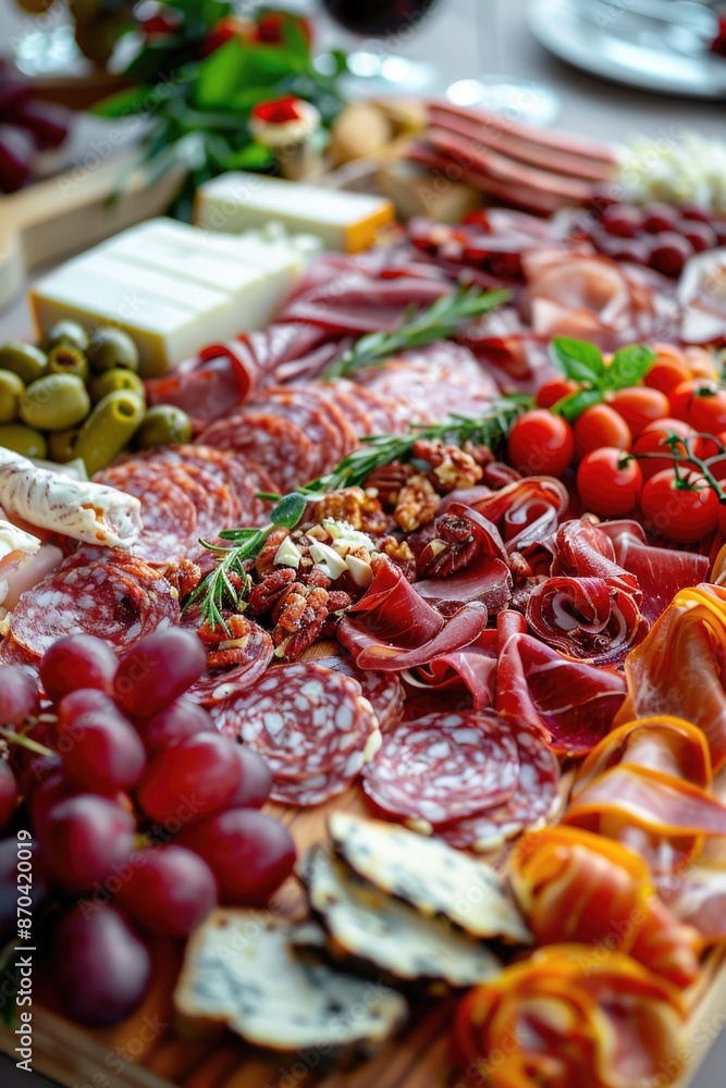 A table with a variety of meats and cheeses, including salami, prosciutto, and cheese A table with a variety of meats and cheeses, including salami, prosciutto, and cheese