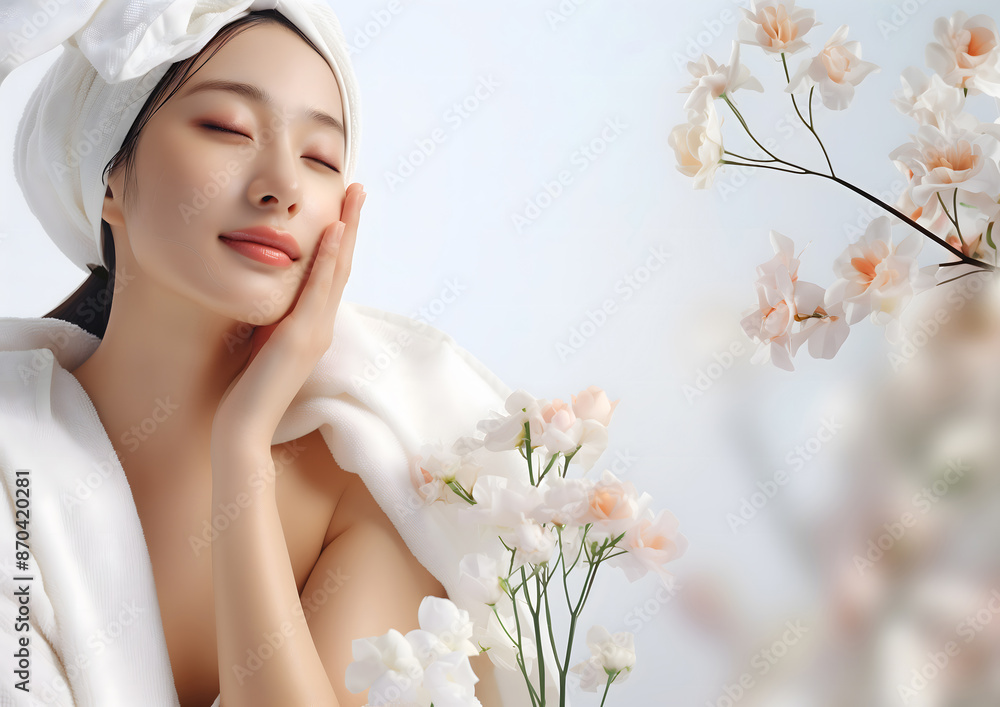 Beautiful young woman after washing her face, smooth, beautiful facial skin glowing face Suitable for advertising cosmetics and skin care products. Capturing the beauty and elegance of nature Beautiful young woman after washing her face, smooth, beautiful facial skin glowing face Suitable for advertising cosmetics and skin care products. Capturing the beauty and elegance of nature