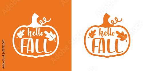 Logo con texto manuscrito hello fall en silueta de calabaza para su uso en felicitaciones y tarjetas