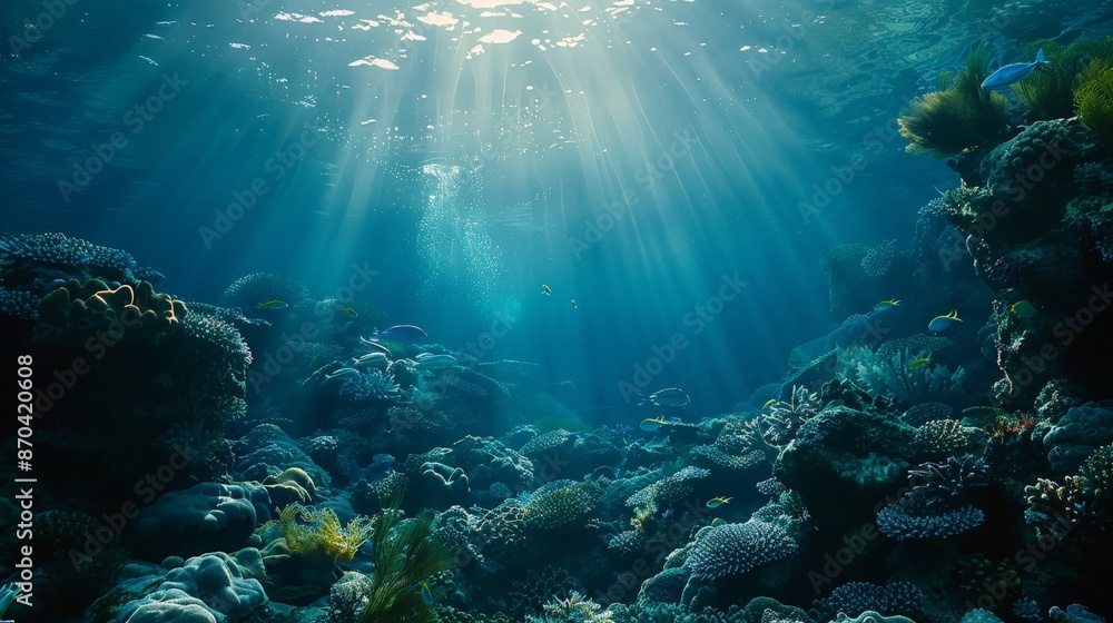 Obraz premium Beneath the surface, an underwater world teems with life, a hidden realm of wonder.