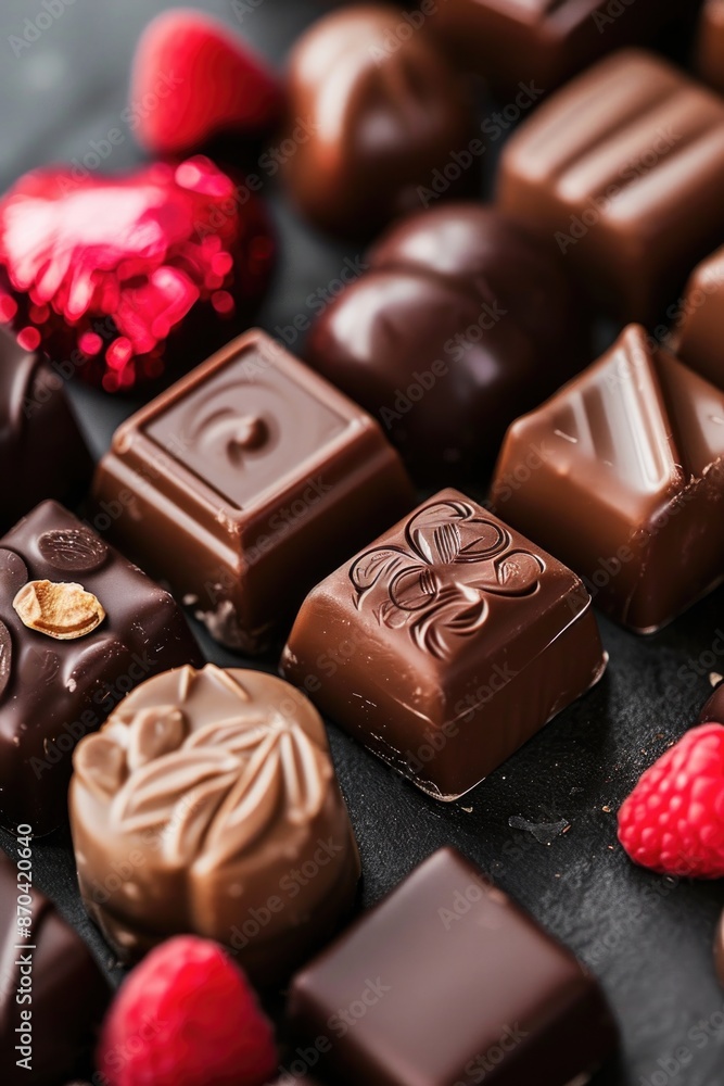 A close up of a variety of chocolates and strawberries. The chocolates are of different shapes and sizes, and the strawberries are arranged around them. Concept of indulgence and luxury A close up of a variety of chocolates and strawberries. The chocolates are of different shapes and sizes, and the strawberries are arranged around them. Concept of indulgence and luxury