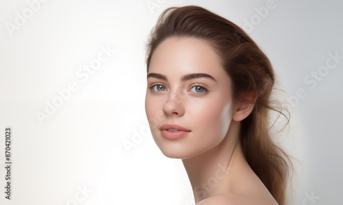 A young woman with radiant skin, with a calm facial expression that emphasizes natural beauty and skin care on a white background, is ideal for advertising cosmetics.
