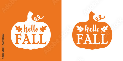 Logo con texto manuscrito hello fall en silueta de calabaza para su uso en felicitaciones y tarjetas