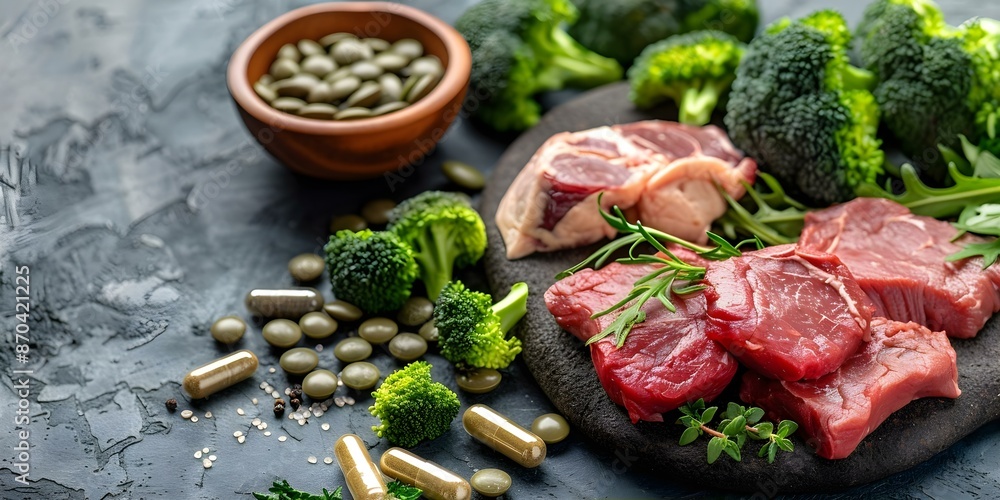 B12 capsules and natural foods like meat and broccoli for organic health. Concept Organic Health, Vitamin B12, Natural Foods, Supplements, Nutrient-Rich Diet B12 capsules and natural foods like meat and broccoli for organic health. Concept Organic Health, Vitamin B12, Natural Foods, Supplements, Nutrient-Rich Diet