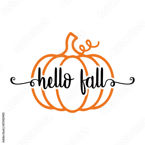 Logo con texto manuscrito hello fall en caligrafía sobre calabaza para su uso en felicitaciones y tarjetas