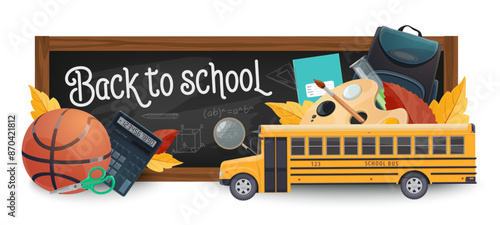 School education blackboard with yellow bus. Vector banner with chalkboard, back to school chalk writing, cartoon learning stationery, books, maple leaves and basketball, paints, test tube, magnifier