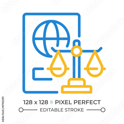Immigration law two color line icon. International people moving regulation. Governmental control bicolor outline symbol. Duotone linear pictogram. Isolated illustration. Editable stroke