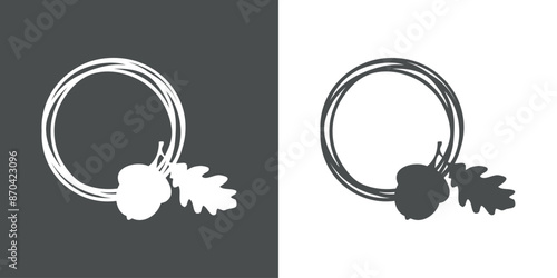 Logo con silueta de hoja de roble con semilla de bellota o nuez en marco circular con líneas