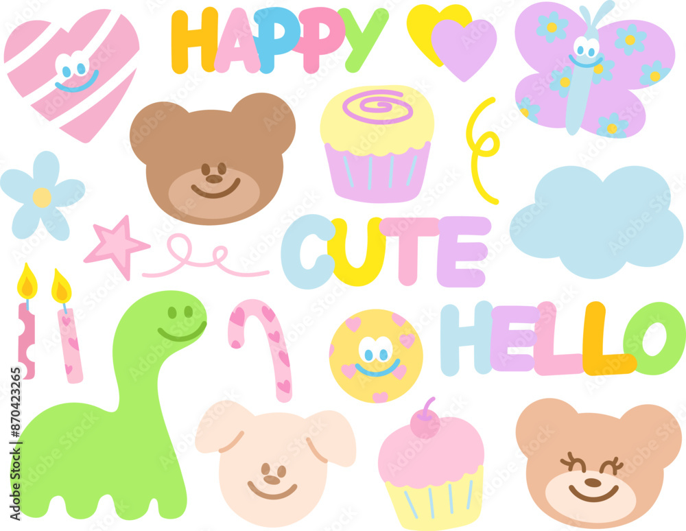 Fototapeta premium Pastel illustrations of heart, teddy bear, butterfly, dinosaur, candles, candy cane, flowers, cupcake, cloud for cute stickers, cartoon, character, icon, summer, shirt print, happy emoji, birthday, ad