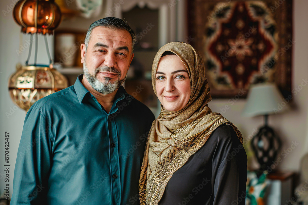 An elderly couple, dressed traditionally, smiles warmly as they pose in a home decorated with cultural artifacts, symbolizing love, heritage, and contentment. An elderly couple, dressed traditionally, smiles warmly as they pose in a home decorated with cultural artifacts, symbolizing love, heritage, and contentment.