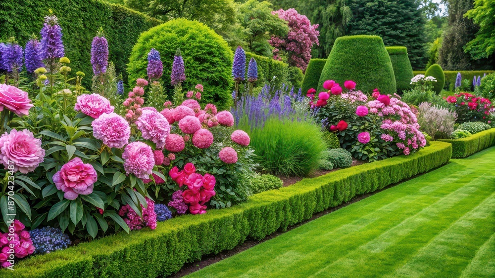 Fototapeta premium Fragment of a beautiful well-kept garden with Thuja Brabant hedge, perennials