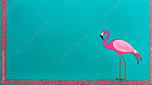 Minimalist illustration of a single pink flamingo. Patachitra Painting Style. photo