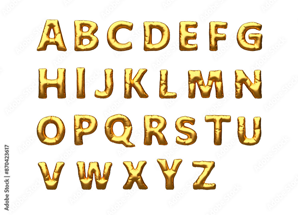 Golden inflatable balloon font forming the alphabet Golden inflatable balloon font forming the alphabet