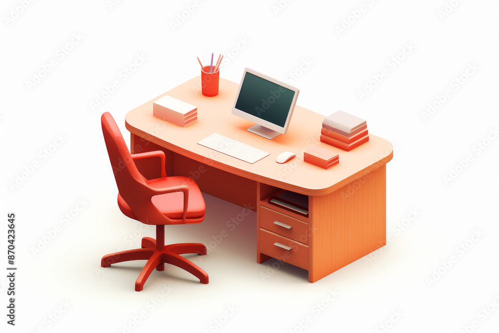 An orange-themed office space features a large desk with a computer, a comfortable chair, office supplies like pens and books, promoting an organized and efficient workspace. An orange-themed office space features a large desk with a computer, a comfortable chair, office supplies like pens and books, promoting an organized and efficient workspace.