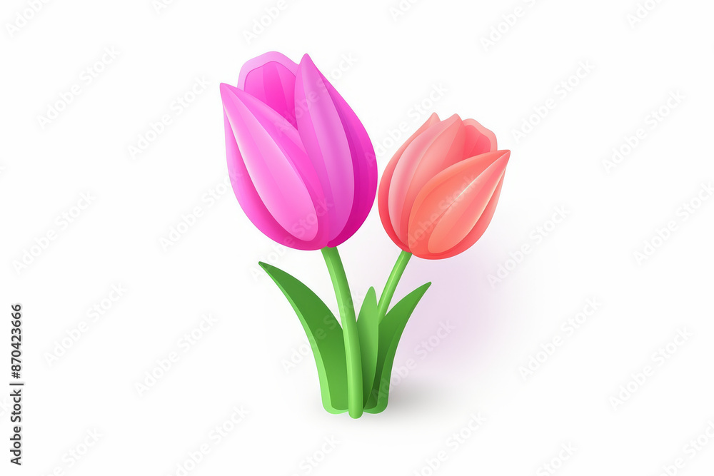 A beautiful image of two tulips in vibrant pink and red hues, showcasing fresh green stems and leaves against a white background, symbolizing nature's beauty and simplicity. A beautiful image of two tulips in vibrant pink and red hues, showcasing fresh green stems and leaves against a white background, symbolizing nature's beauty and simplicity.