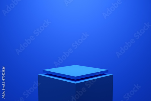 Empty blue cube stage platform for presenting new product minimalist design