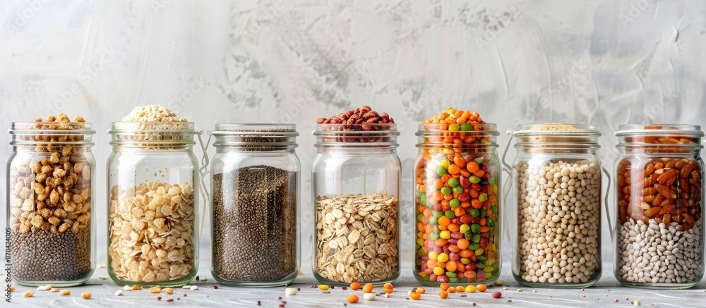 Glass jars filled with different raw cereals and grains embody the zero-waste ethos, promoting kitchen storages solutions for healthy eating with a copy space image. Glass jars filled with different raw cereals and grains embody the zero-waste ethos, promoting kitchen storages solutions for healthy eating with a copy space image.