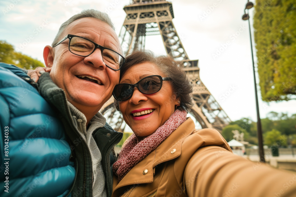 A happy older couple stands smiling in front of the Eiffel Tower during autumn, exuding warmth, love, and contentment while capturing a beautiful moment in Paris. A happy older couple stands smiling in front of the Eiffel Tower during autumn, exuding warmth, love, and contentment while capturing a beautiful moment in Paris.