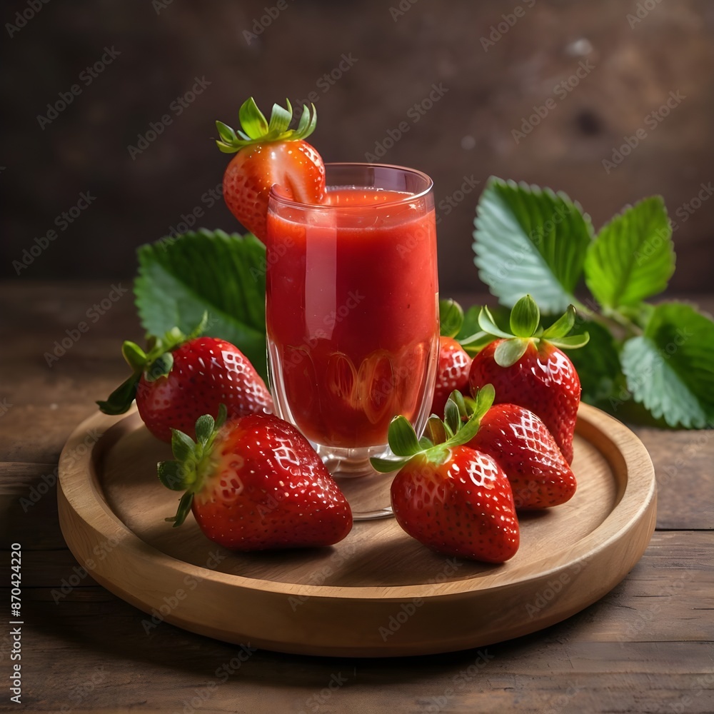 Make a photo of strawberries on a wooden plate surrounded by fresh strawberry juice. Make a photo of strawberries on a wooden plate surrounded by fresh strawberry juice.
