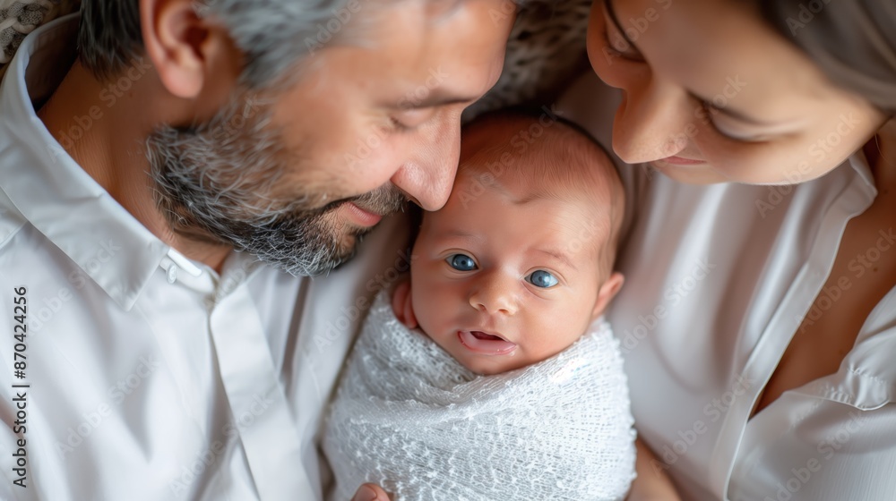Close-up of loving parents gazing at their newborn baby wrapped in a white blanket, showcasing tender family bonding and affection. Close-up of loving parents gazing at their newborn baby wrapped in a white blanket, showcasing tender family bonding and affection.