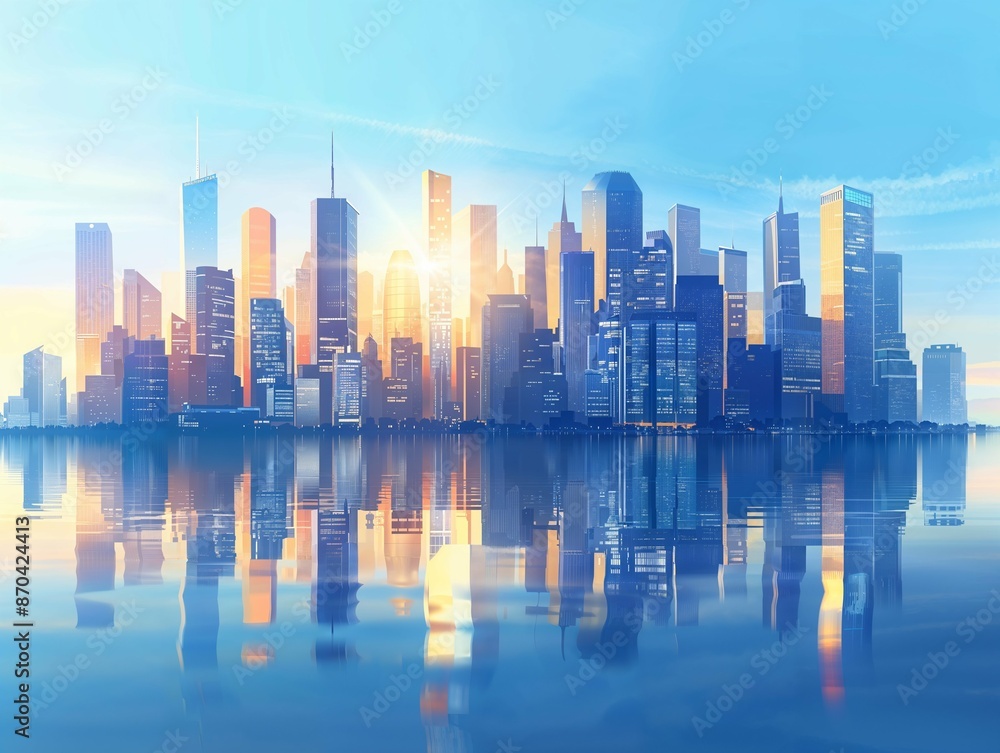 City skyline at sunset with buildings reflecting on the calm water, creating a serene and picturesque urban landscape. City skyline at sunset with buildings reflecting on the calm water, creating a serene and picturesque urban landscape.