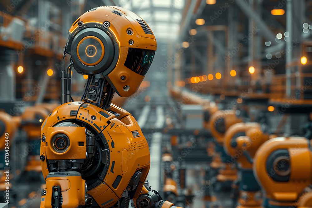 Robots automating tasks in offices or factories, highlighting interactions between humans and robots and efficiency improvements Robots automating tasks in offices or factories, highlighting interactions between humans and robots and efficiency improvements