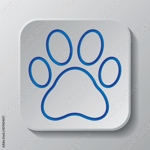 Paw simple icon. Flat design. Paper cut design. Cutted blue symbol with shadow. Gray badge button, gray background