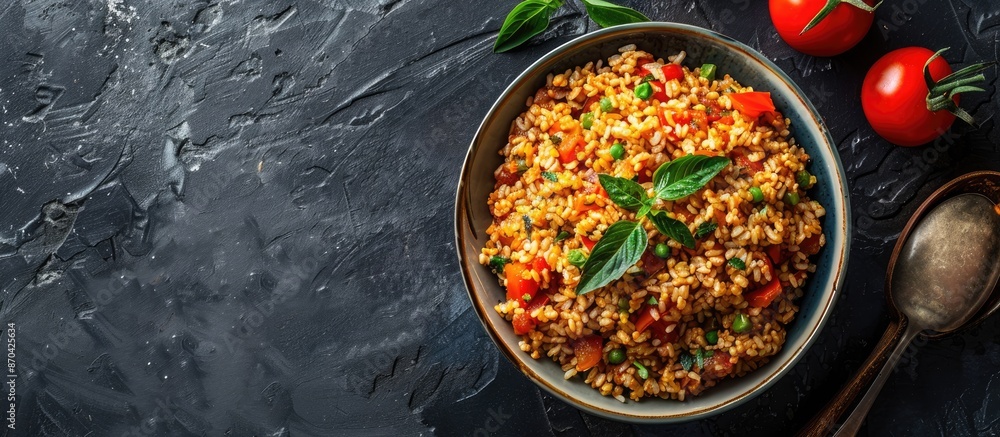Top view of a ceramic bowl filled with vegan Turkish bulgur pilaf, featuring tomatoes, against a dark backdrop with available copy space image. Top view of a ceramic bowl filled with vegan Turkish bulgur pilaf, featuring tomatoes, against a dark backdrop with available copy space image.