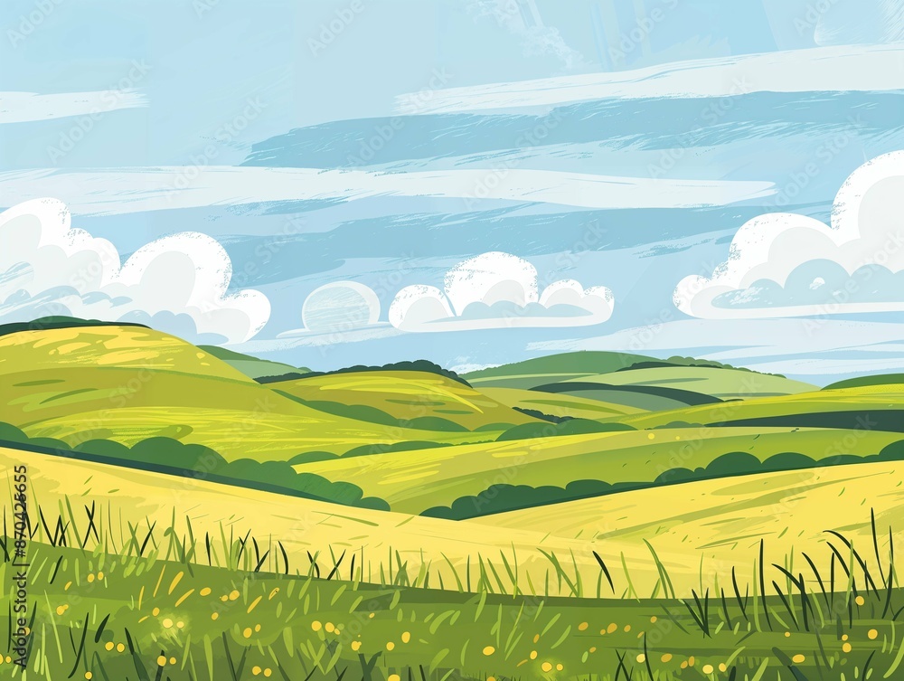 Whimsical illustration of rolling green hills under a bright blue sky with fluffy white clouds, capturing a peaceful rural landscape. Whimsical illustration of rolling green hills under a bright blue sky with fluffy white clouds, capturing a peaceful rural landscape.
