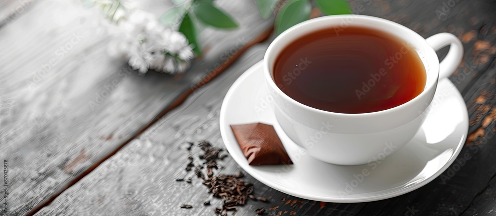 Black tea served with milk, a tea bag, and a designated area for additional elements within the image. Black tea served with milk, a tea bag, and a designated area for additional elements within the image.