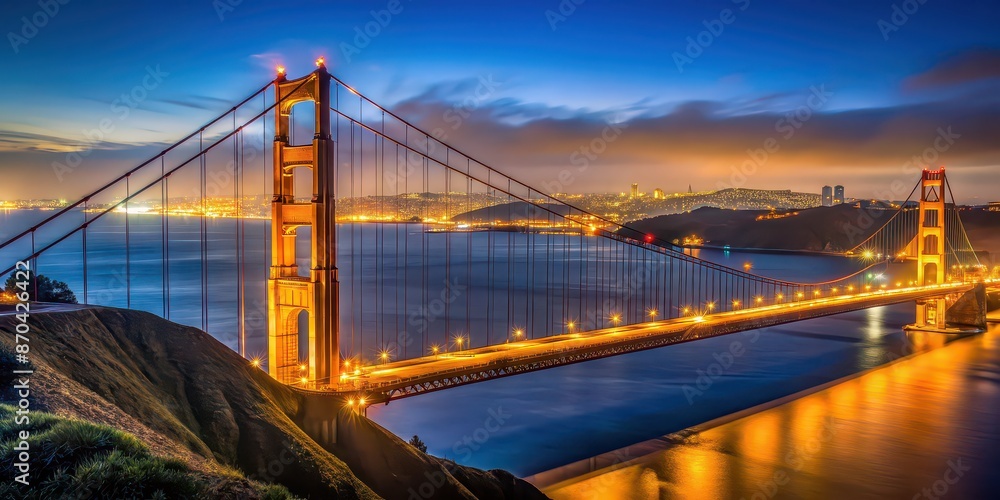 Fototapeta premium Night view of the iconic Golden Gate Bridge with city lights in the background, San Francisco