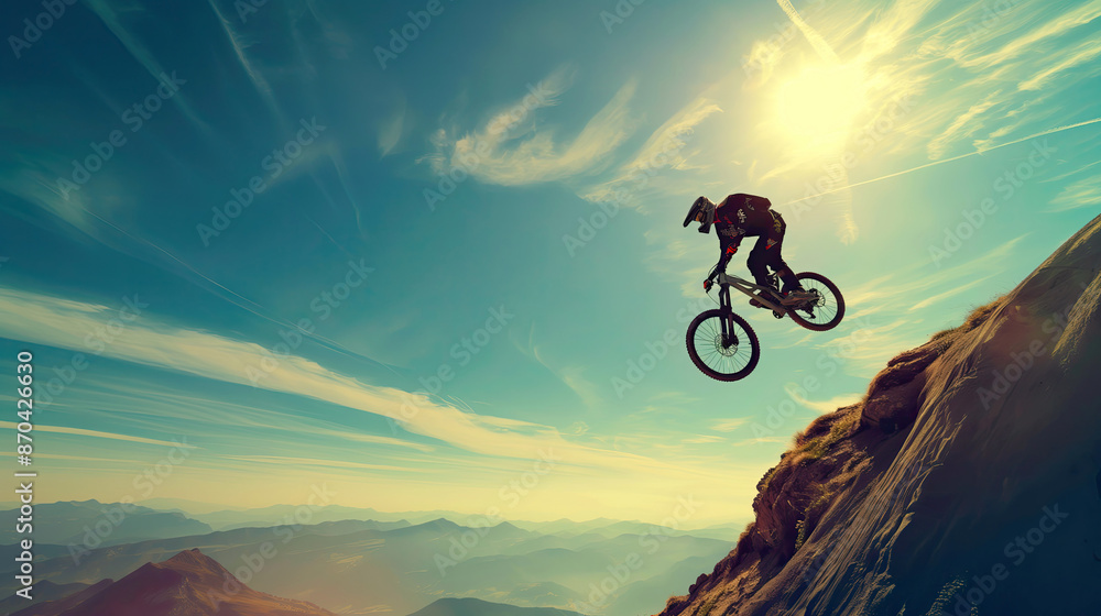 Mountain biker performing a jump off a steep slope with a dramatic sky in the background. Mountain biker performing a jump off a steep slope with a dramatic sky in the background.
